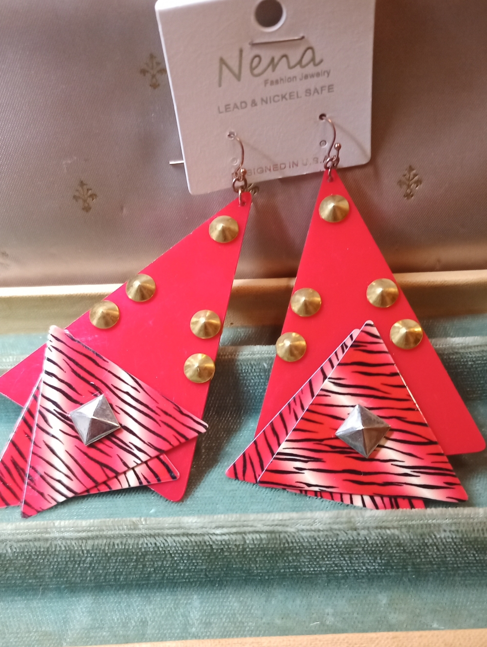 Retro Studded Triangle Drop Earrings Punk Boho Bright Red